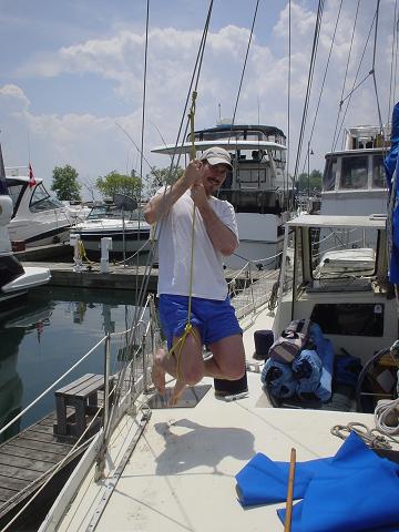 A photo of the Icicle Hitch Variant supporting my weight when tied to a backstay.